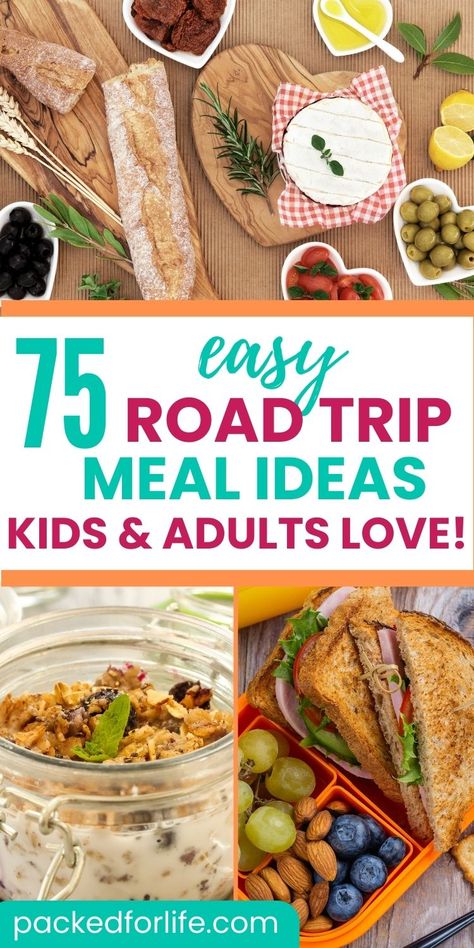 Easy road trip meal ideas kids and adults love. Baguette with olives, chees, fruit. Overnight oats in jar. Bento box with sandwich, grapes, nuts. Food To Bring On A Road Trip, Car Trip Meals, Lunch For Road Trips, Road Trip Lunch Ideas Families, Travel Meal Prep Road Trips, Road Trip Meals Families, Road Trip Meals For Adults, Road Trip Meals To Pack, Road Trip Food Meals