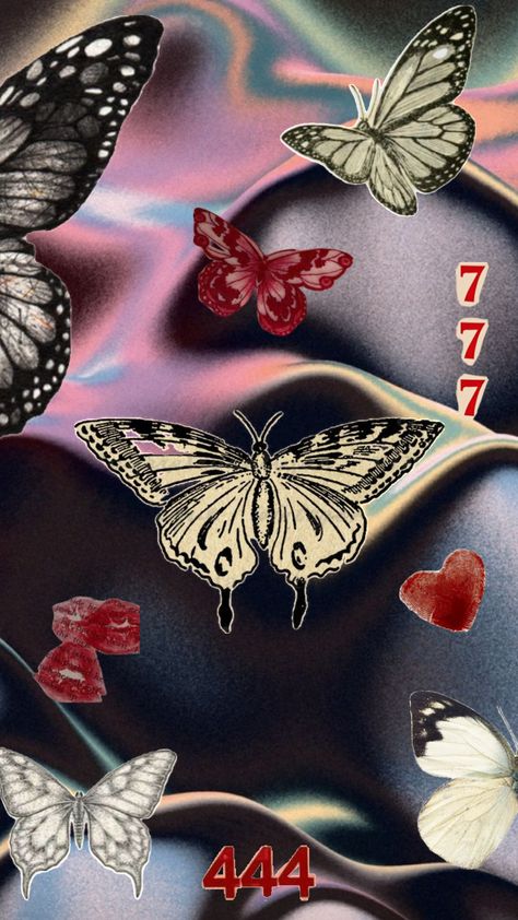 #butterfly #wallpaper #angelnumber #777 #444 #lucky #free #fly #mariposa #b&w Butterfly Y2k Wallpaper, 777 Butterfly, Butterfly Iphone Wallpaper Aesthetic, 444 Painting, Butterfly Y2k, Vogue Wallpaper, Future Bedroom, Butterfly Background, Y2k Butterfly