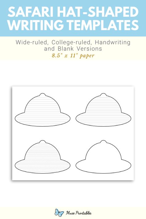 Free printable safari hat-shaped writing templates. This PDF download includes wide ruled, narrow ruled, handwriting, and blank versions. Download the templates at https://museprintables.com/download/writing-template/safari-hat-shaped/ Safari Hats, Writing Paper Template, Handwriting Lines, Hat Template, Writing Template, School Camp, Lined Writing Paper, Safari Hat, Writing Templates