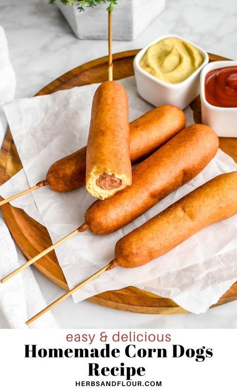 The best corn dogs can be made from scratch in your own kitchen using this simple Homemade Corn Dogs Recipe! Perfectly golden brown with just a touch of sweetness, these corn dogs are a delicious treat you can make at home at a fraction of the cost. Healthy Corn Dog Recipe, Home Made Corn Dogs, Homemade Corn Dogs, Corn Dog Batter Recipe, How To Make Corn Dogs, Corn Dogs Homemade, Corn Dog Recipe, Homemade Jaffa Cakes, Gluten Free Hot Dogs