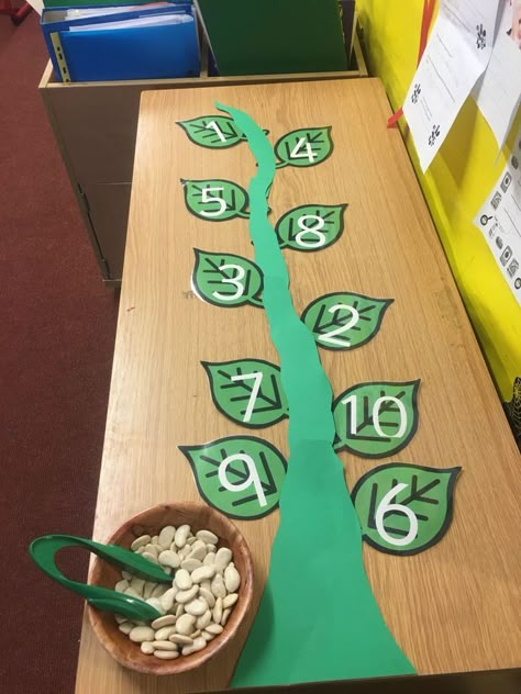 Jack and the Beanstalk Finger Gym. In this activity you have to put the right amount of beans onto the numbered leaves using the tweezers. Fairy Tales Preschool Activities, Fairy Tales Preschool, Nursery Rhymes Preschool, Finger Gym, Eyfs Activities, Traditional Tales, Spring Preschool, Jack And The Beanstalk, Math Activities Preschool