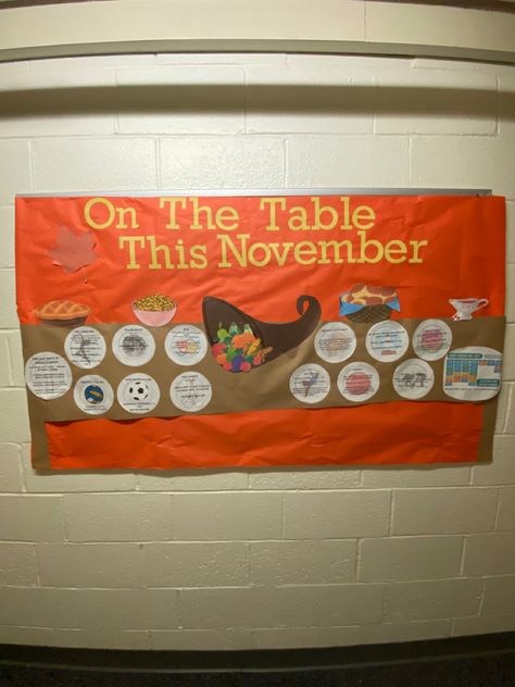 RA bulletin board On the Table this November Menu Bulletin Board Ideas, November School Bulletin Board Ideas, Thanksgiving Ra Board Ideas, November Ra Bulletin Board Ideas, Thanksgiving Mental Health Bulletin Board, November Board Ideas, November Ra Boards, Ra September Bulletin Board, Ra November Bulletin Boards