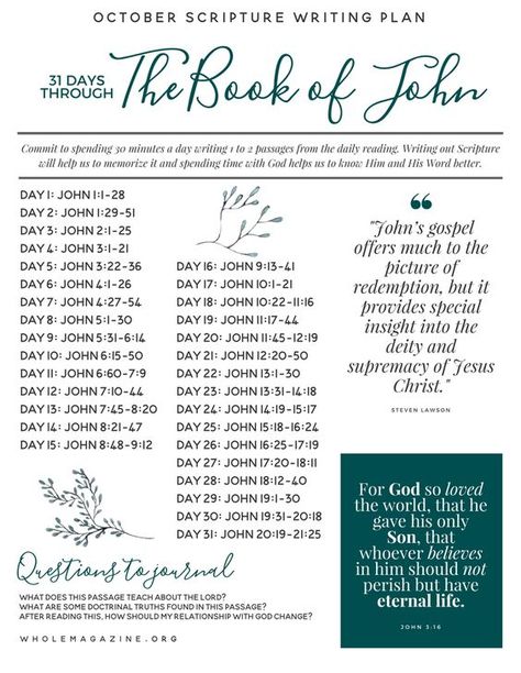 http://www.wholemagazine.org/scripture-writing-plans/october-the-book-of-john October Scripture Writing Plan, October Scripture, Writing Scripture, Scripture Plans, Bible Writing, The Book Of John, Scripture Writing Plan, Scripture Writing Plans, Scripture Writing