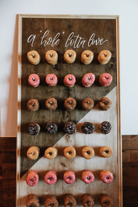 Wedding Donut Wall: Homemade Wooden Dessert Display Donut Wall Wedding, Wedding Brunch Reception, Donut Display, Wedding Reception Guest, Wedding Donuts, Donut Wall, Wedding Display, Wedding Dessert Table, Weddings By Color