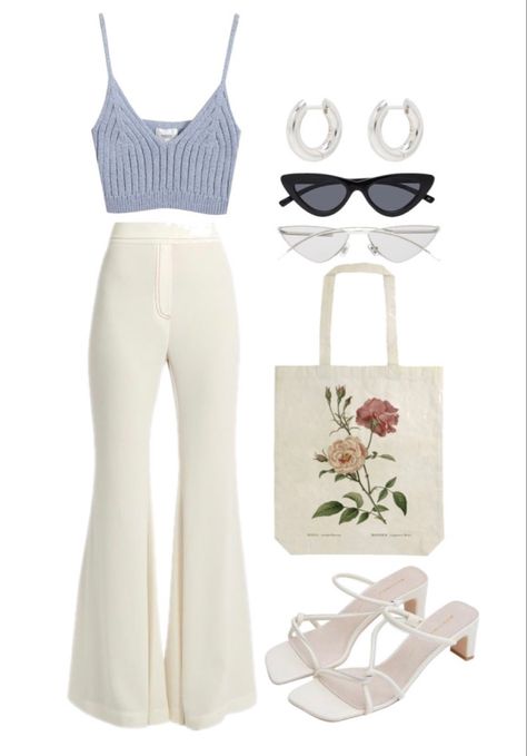 Blue Knit Top Outfit, White Pants And Heels Outfit, Small Heels Outfit Casual, White Background Pics Of Clothes, Summer Outfit Template, White Heels Outfit Aesthetic, Outfit Template Aesthetic, White Knit Pants Outfit, White Pants Blue Top Outfit