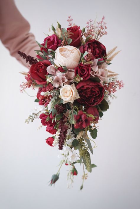 Bride Flower Bouquet Cascade, Deep Red Bridal Bouquet, Cascading Red Bouquet, Maroon Wedding Bouquet Burgundy, White And Maroon Bouquet, Crimson Wedding Flowers, Red Cascade Bridal Bouquet, Burgandy Wedding Flowers Bouquets, Deep Red Wedding Bouquet