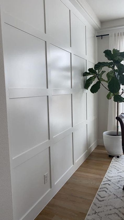 Wood Accent Wall Squares, White Panel Accent Wall, Thick Wall Paneling, Batten Walls Bedroom, Light Accent Wall Bedroom, Square Accent Wall, Grid Accent Wall, White Accent Wall, Ideas Master Bedrooms