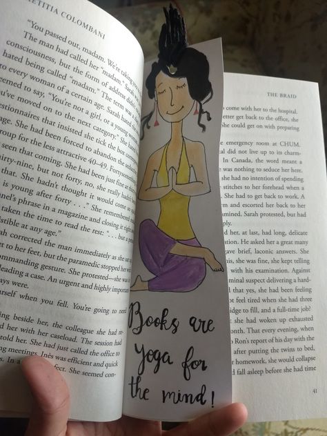 Books are yoga for the mind - simple bookmark made with water color, micron hand lettering and some wool for the hair Yoga Bookmarks, Diy Bookmark, Oil Pastel Art, How To Make Bookmarks, Bookmarks Handmade, Pastel Art, Yoga Inspiration, Oil Pastel, The Mind