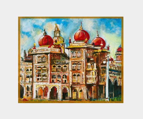 Mysore Palace acrylic on paper Mysore Palace Sketch, Mysore Palace Painting, Mysore Palace Drawing, Palace Drawing, Mysore Dasara, Mysore Palace, Buddha Art Drawing, Sketches Pencil, Art Drawings Sketches Pencil