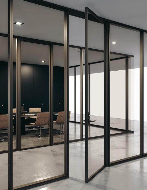 Double glaze BRIDGE movable glass paritions with double glaze pivot door. Interior Glass Wall, Glass Conference Room, Office Partitions Wall, Glass Partition Designs, Glass Office Partitions, Glass Wall Systems, Metal Room Divider, Glass Partition Wall, Movable Walls