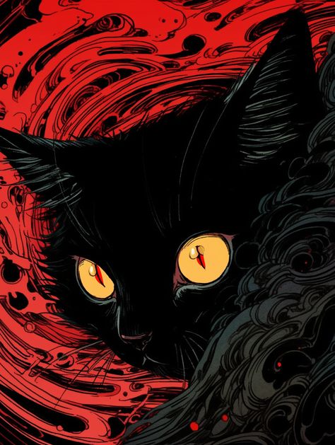 Black Cat With Yellow Eyes, Red And Black Wallpaper, Red Icons:), A Black Cat, Cat Icon, Dark Art Illustrations, Scary Art, Dessin Adorable, Yellow Eyes