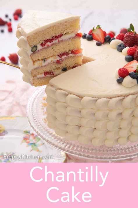 A fluffy and moist vanilla cake with layers of berry filling paired with luscious Chantilly cream, this Chantilly Cake will melt in your mouth. Fresh and light, this flavorful cake is perfect for all occasions. Vanilla Cake With Berry Filling, Best Chantilly Cake Recipe, Chantelle Cake Recipe, Raspberry Chantilly Cake, White Cake Birthday Cakes, Vanilla Cake With Fruit Filling, Chantilly Lace Cake, Chantelle Cake, Chantilly Cake Decoration