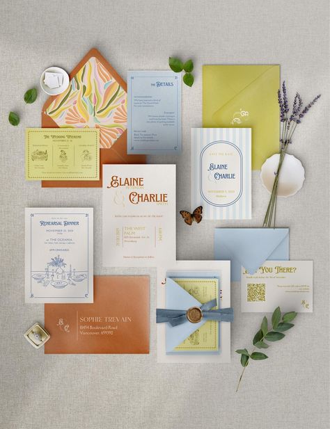 At BlocksDesignCo, each Wedding Invitation Suite is crafted with a passion for creating designs that surpass the last. And this Invitation Set features hand-drawn graphics and a palette of bright, summer tones, perfect for modern weddings with a retro touch.   I had a blast designing this Set (especially the Envelope Liner) and I hope you like it as much as I had fun designing it! :)  Customize the colors, fonts, and wording to perfectly reflect your love story and wedding theme! WHAT YOU'LL GET Folder Wedding Invitations, Vermont Wedding Invitations, Classy Wedding Palette, Retro Summer Wedding, Color Palette Wedding Invitation, Scalloped Wedding Invitations, Wedding Invitation Suite Ideas, Sustainable Wedding Invitations, Retro Wedding Colors