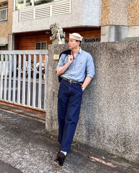 Troy.C on Instagram: "Sailor vibes⚓️⚓️⚓️ Dixie cup x USN Chambray X USN Dungaree" Sailor Fashion Men, Sailor Uniform Men, Man Style Outfits, Spongebob Costume, Sailor Fashion, Man Style, Men In Uniform, Fashion 2024, Style Outfits