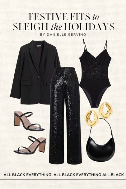 Black Pants Party Outfit Night, Coctail Outfit Girl, Glitter Shorts Outfit Night, Black Outfits For Party Night Out, Sequin Pants And Blazer Outfit, Black Shimmer Pants Outfit, Lace And Sequins Outfit, Party Pants Outfit Night Out, Black Glitter Trousers Outfit