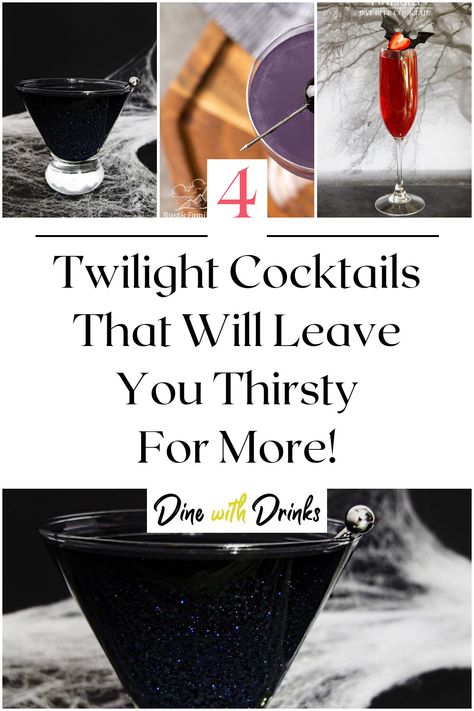 Collage of 4 twilight cocktails. Twilight Cocktail Party, Twilight Alcoholic Drinks, Vampire Themed Drinks, Twilight Mocktails, Twilight Themed Movie Night, Twilight Inspired Cocktails, Twilight Themed Alcoholic Drinks, Twilight Themed Party Snacks, Twilight Movie Marathon Ideas