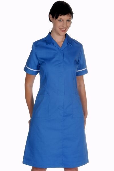 NURSE / CARE WORKER DRESS GREEN with White trim 107 CMS LONG STEP IN STYLE WITH CONCEALED STUD FRONT SHORT SLEEVES WITH WHITE PIPING 3 PATCH POCKETS 195g POLYESTER COTTON Quality British Made Nurses Uniform Modern, Nurse Scrub Dress, White Nurse Dress, Nurse Dress, Nurse Dress Uniform, Medical Scrubs Outfit, Scrubs Dress, Scrubs Outfit, Nursing Fashion