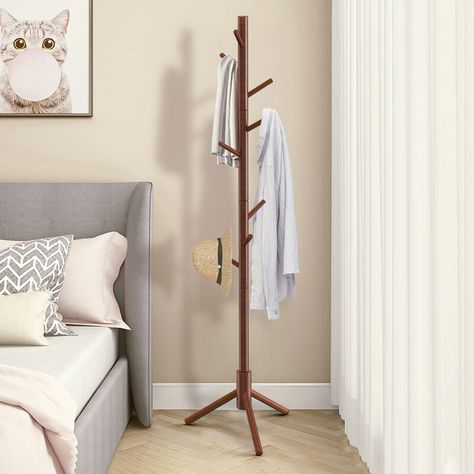 Rebrilliant Adosinda 19.7'' Wide Solid Wood 8 - Hook Freestanding Coat Rack & Reviews | Wayfair Wood Coat Hanger, Free Standing Coat Rack, Hall Tree With Storage, Wood Shoe Storage, Wood Hooks, Coat Tree, Hall Stand, Standing Coat Rack, Wooden Coat Rack