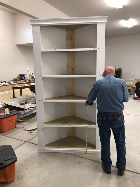 DIY Corner Cabinet Part 1 — A Rustic Rose by Addie Diy Corner Cabinet Storage, Build A Corner Cabinet, Build Corner Cabinet, Diy Corner Storage, Diy Built In Corner Bookcase, How To Build A Corner Bookcase, Diy Built In Corner Cabinet, Custom Corner Cabinet, Large Corner Cabinet