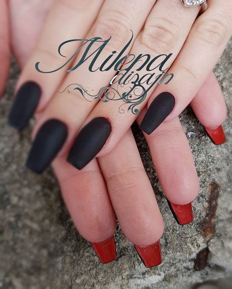 Matte Black Nails Red Bottoms, Matte Black And Red Nails, Black Nails Red Bottoms, Black Red Nails Design, Nails Black And Red, Red Nails Design, Red Bottom Nails, Cherry Red Nails, Black Coffin Nails