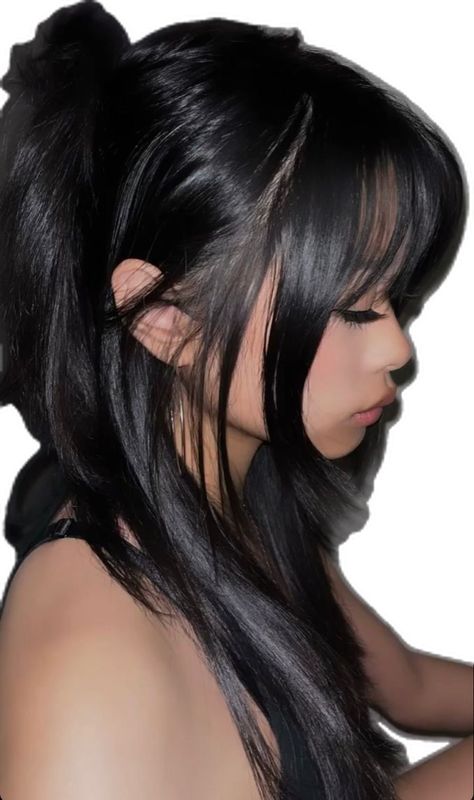 Curtain Bangs Connecting Layers, Curled Hairstyles Aesthetic, Bangs With Long Side Pieces, Hair Pulled Up, Layered Flipped Hairstyles, Interior Layers Haircut, Soft Goth Hairstyles, Black Hair Inspo Color, Pretty Medium Length Hairstyles