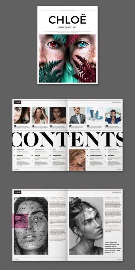 Fashion Magazine Template InDesign INDD Indesign Cover Page, Indesign Design Ideas, Editors Page Magazine Layout, Book Magazine Cover, Fashion Magazine Inspiration, Magazine Index Page Design, Magazine Layout Ideas Graphic Designers, Graphic Designer Inspiration, Fashion Editorial Magazine Layout