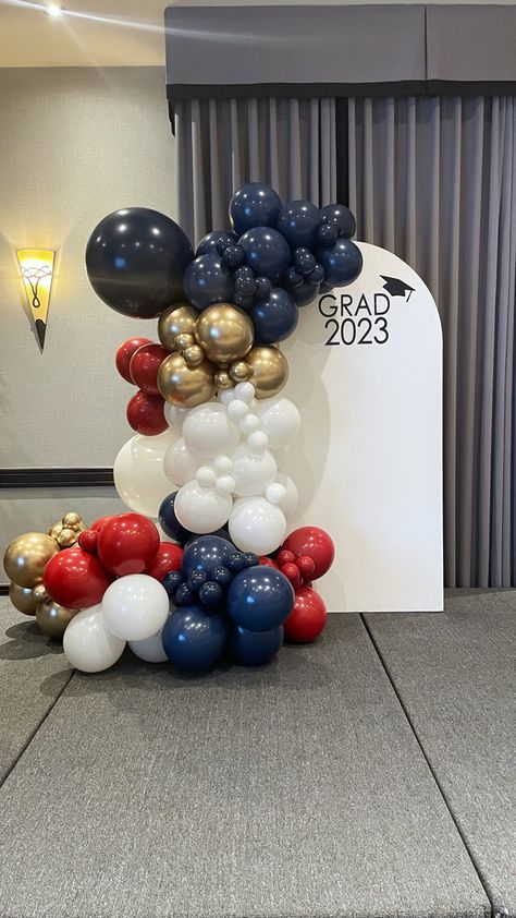 Graduation Balloon Garland + Backdrop Blue And Gold Graduation Party Ideas, Grad Party Backdrop Ideas, Graduation Ceremony Decorations, Graduation Balloon Garland, Grad Balloons, Backdrop Balloon Garland, Balloon Garland Backdrop, Graduation Backdrops, Prom Balloons