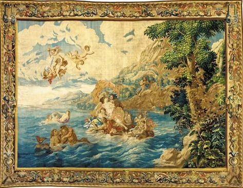 A LILLE MYTHOLOGICAL TAPESTRY, THE TRIUMPH OF GALATEA  SECOND QUARTER 18TH CENTURY, ATTRIBUTED TO GUILLAUME WERNIERS, AFTER A DESIGN BY ANTOINE COYPEL Price realised  USD 99,500 Estimate  USD 70,000 - USD 100,000 Hunt Scene, Contemporary Textiles, Mirror Painting, Crafts Workshop, Paris Eiffel Tower, Forest Landscape, Exotic Birds, Keith Haring, Salvador Dali