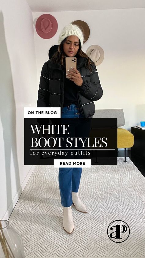 Are you looking for the perfect outfit to pair with your white boot styles? Whether you're going for a boots and jeans look or more dressy outfits, white boots can be a great addition to your wardrobe. From jean jacket outfits to a mini dress outfit, there are so many stylish ways to have the perfect white boots style. Check out our blog for some outfit ideas and tips on how to make white boots work for any style clothing! White Bootie Outfits Fall, Short Cream Boots Outfit, White Heels Outfit Winter, Ivory Boots Outfit Ankle, Styling Cream Boots, Cream Ankle Boots Outfit Winter, White Boots With Jeans Outfit, White Mid Calf Boots Outfit, How To Style Cream Boots