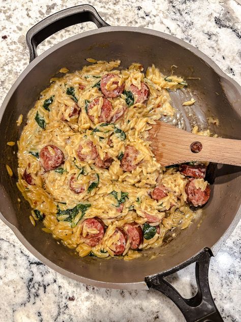 Dinners With Turkey Sausage, Sausage Rice Skillet Recipes, Orzo Turkey Sausage, Creamy Orzo With Sausage, Recipes With Honey Garlic Sausage, Honey Dijon Sheet Pan Sausage, Sausage Orzo Spinach, What To Cook With Sausage, Orzo Sausage Spinach Recipes