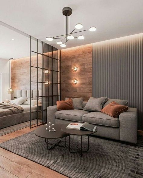 Living Room And Bedroom Combo, Glass Wall Design, Studio Apartment Living, Condo Interior Design, Small Apartment Interior, Condo Interior, Glass Interior, Small Apartment Design, Dekorasi Kamar Tidur