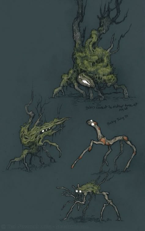 (99+) Twig Imps are a sort of "cousin" to Moss Mites. Budded from large old growth trees in areas with high levels of ambient magical... – @thedancingemu no Tumblr Trees With Roots, Tree Monster, Mythical Monsters, Arte Doodle, Wood Spirit, Tree Spirit, Nature Spirits, Forest Spirit, Creature Concept Art