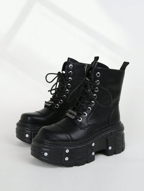 Botas de tobillo estilo punk para mujer Botas con plataforma con cordones y cremallera UNISEX Botas góticas de rock para mujeres y hombres Negro        Primavera/Otoño Women Shoes, size features are:Bust: ,Length: ,Sleeve Length: Punk Style Women, Boots Y2k, Rock Women, Everyday Goth, Y2k Boots, Man Sneakers, Punk Shoes, Black Punks, Women's Ankle Boots