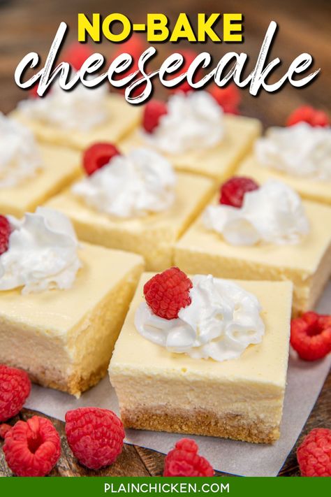 Easy No-Bake Cheesecake Recipe - super easy to make with only a few ingredients and tastes great! SO light and fluffy. I could eat the whole thing myself! Graham cracker crumbs, sugar, butter, cream cheese, milk, pudding mix, and vanilla extract. Can make in advance and refrigerate or freeze for later. Great for cookouts and potlucks. Can easily double or triple for a crowd! Coconut Cream Pie Recipes, Frozen Cheesecake, Lemon Pound Cake Recipe, Easy No Bake Cheesecake, Cream Cheese Desserts, Cheesecake Pudding, Baked Cheesecake Recipe, Plain Chicken, Easy Cheesecake Recipes