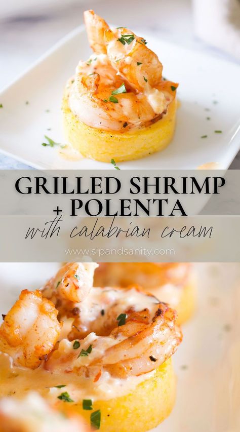 Grilled Shrimp + Polenta with Calabrian Chili Cream Sauce requires little effort but makes a big impact! It’s an quick, easy and delightfully delicious appetizer…everyone will think you’re so fancy! When you pair ‘shortcut’ polenta with quick-cooking shrimp, and a spicy sauce that comes together in mere minutes, you’ve got an elevated appetizer that will wow your guests (with nary a bead of perspiration forming on your brow)! Canapés, Essen, Appetizer Recipes With Shrimp, Polenta Bites Appetizers, Shrimp And Polenta Cakes, Fancy Shrimp Appetizers, Elegant Seafood Appetizers, Shrimp Polenta Recipes, Polenta Shrimp