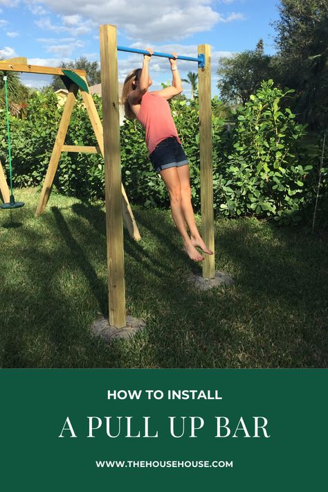 Been having to work out at home lately?  Here is how we installed a pull up bar in our yard to use in our workouts.  It is fairly easy to do. How To Build A Pull Up Bar, Diy Pull Up Bar Backyards, Diy Outdoor Pull Up Bar, Outdoor Gymnastics Bar, Outdoor Pullup Bar, Outdoor Pull Up Bar Diy, Backyard Workout Area, Pull Up Bar Diy, Outdoor Pull Up Bar