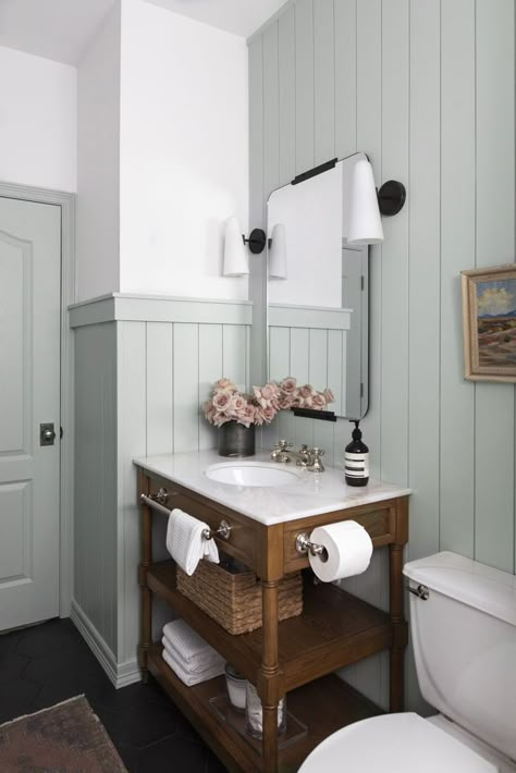 30 Popular Bathroom Paint Color Ideas for a Perfect Finish Small Bathroom Remodel Beadboard, Small Half Bath Beadboard, Wooden Panelling Walls Bathroom, Powder Room With Paneling, Beadboard Paneling Bathroom, Navy Blue Beadboard Bathroom, Cottage Wall Paneling Ideas, Cottage Beadboard Walls, Bathroom With Wall Paneling