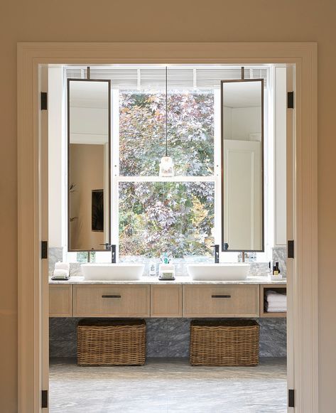 Twin sinks with swivelling mirrors in front of bathroom window Vanity In Front Of Window, Albion Nord, Bath Mirror, Bathroom Remodel Ideas, Bathroom Redesign, English Design, Bathroom Windows, Bathroom Trends, Bathroom Renos