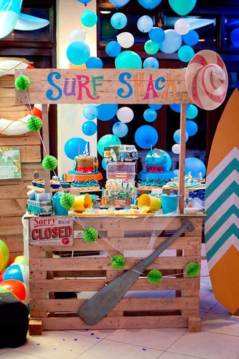 Kara's Party Ideas Surfing Birthday Party | Kara's Party Ideas Surfing Birthday Party, Surfing Party, Surfer Party, Surf Birthday Party, Deco Surf, Surf Birthday, Pool Party Kids, Surf Party, Hawaiian Party Decorations