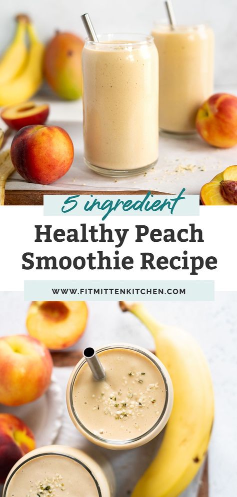 Make this easy Peach Smoothie recipe using just 5 ingredients. No yogurt needed (but optional to add in!) and a great breakfast. Fun to customize using banana, mango or even strawberries. A healthy vegan breakfast or a quick afternoon snack for kids. Healthy Peach Smoothie, Peach Banana Smoothie, Peach Mango Smoothie, Peach Smoothie Recipes, Fit Mitten Kitchen, Dairy Free Recipes Easy, Peach Smoothie, Easy Clean Eating Recipes, Snack For Kids