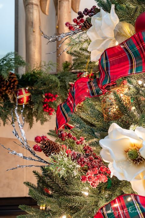 Get ideas for decorating a plaid Christmas tree with floral stems and accents. Plus, see how 19 other bloggers decorated their trees for Christmas. #christmastreedecorations #firstdayofhome Floral Picks Christmas Tree, Plaid Xmas Tree Ideas, Tartan Plaid Christmas Decor, Christmas Tree Plaid Theme, Scottish Christmas Tree, Christmas Themes Ideas Decorations, Plaid Christmas Tree Ideas, Woodland Christmas Tree Ideas, Tartan Plaid Christmas Tree