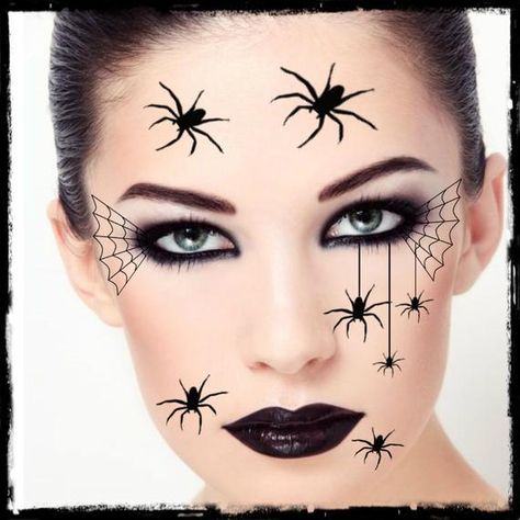 Spider Face Tattoo, Scifi Makeup, Halloween Makeup Videos, Spider Face Painting, Spider Halloween Costume, Tattoo Spider, Witch Costume Diy, Maquillage Halloween Simple, Spider Makeup