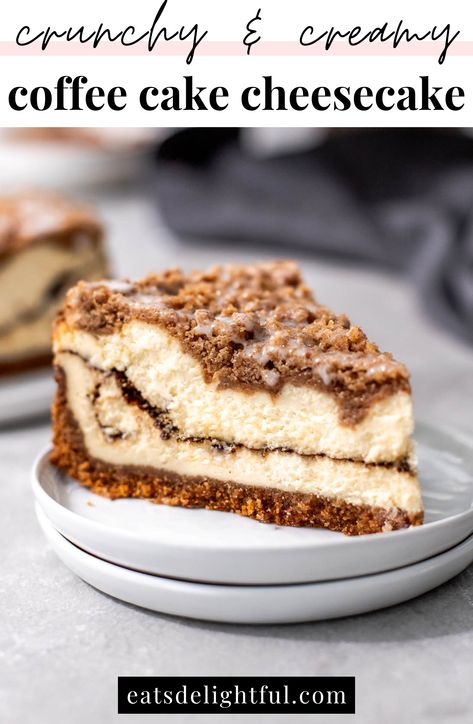 coffee cake cheesecake slice in plate Crumb Cake Cheesecake, Coffee Cake Cheesecake Recipes, Winter Cheesecake Flavors, Winter Cheesecake Recipes, Coffee Cheesecake Recipes, Coffee Cake Cheesecake, Cheesecake Coffee Cake, Gluten Free Cheesecake Recipe, Oatmeal Cheesecake