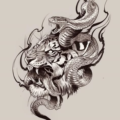 This ones up for grabs! Drop me a DM if your into it!! #tiger #tigertattoo #snake #snaketattoo Tiger And Snake Tattoo Design, Celtic Tiger Tattoo, Snake And Tiger Tattoo, Tiger Snake Tattoo, Japanese Tiger Tattoo Design, Neo Japanese Tattoo, Chest Tattoo Drawings, Japanese Snake Tattoo, Tiger Tattoo Sleeve