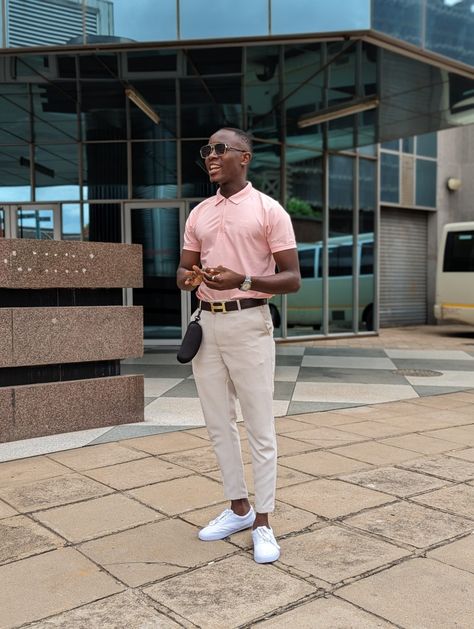 My casual dressing on a Friday Pink Shirt White Pants Outfit Men, Pink Shirt White Pants Outfit, Mens Pink Shirt Outfit, Tito Fits, Pink Polo Shirt Outfit Men, Khaki Men Outfit, Pink Male Outfit, Pink Shirt Outfit Men, Khaki Outfit Men