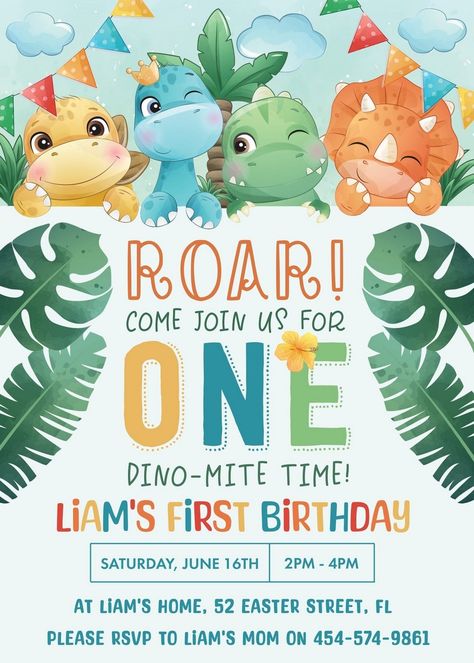 Adorable Kids Birthday Bash Invitations Dinosaur 1st Birthday Invitations, Dinosaur 1st Birthday Party Invitations, Dinosaur Themed Birthday Invitations, Cute Dinosaur Invitations, Dinosaur First Birthday Invitations, Dino Birthday Party Invitations, Birthday Theme Dinosaur, Birthday Theme For 1 Year Boy, 1 Year Birthday Party Invitations