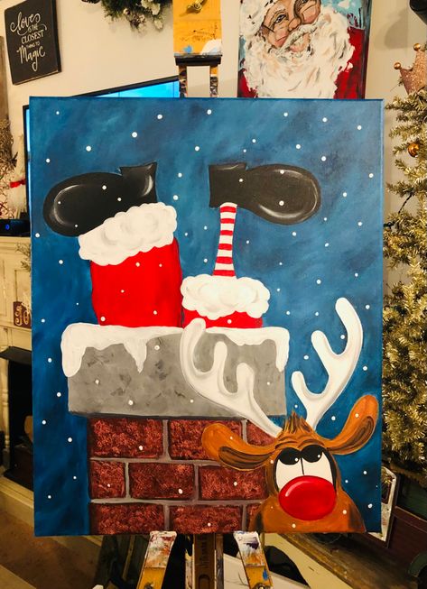 Cute Santa Painting, Xmas Art Ideas, Elf Painting On Canvas, Simple Christmas Canvas Paintings, Easy Christmas Acrylic Painting, Holiday Canvas Painting Ideas, Cute Santa Drawing, Cute Christmas Paintings On Canvas Easy, Christmas Paintings Ideas