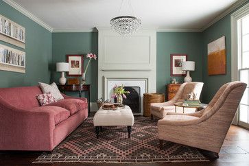 what more could I want in one room: a mauve velvet sofa, a kilim geometric rug, a crystal chandelier, some abstract art, a tufted ottoman, and a rich teal wall color Teal Wall Colors, Elle Decor Living Room, Country House Living Room, Living Room New York, New England Home, Eclectic Farmhouse, Historic Renovation, Village Green, Schematic Design