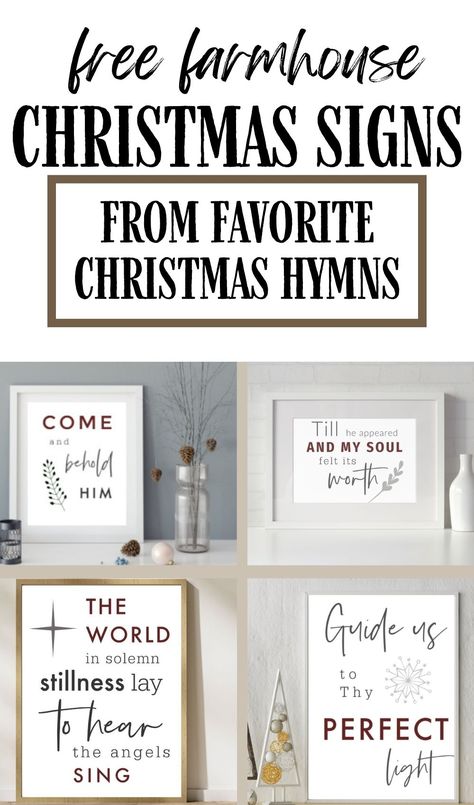 Image of four framed signs with text "Free Farmhouse Christmas Signs- from favorite Christmas hymns" Free Printable Christmas Signs, Minimalist Farmhouse Decor, Rustic Design Style, Minimalist Farmhouse, Farmhouse Style Christmas, Farmhouse Signs, Christmas Signs, Farmhouse Christmas, Rustic Design