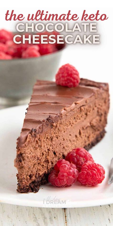 Keto Chocolate Cheesecake is the ultimate dessert for chocolate lovers. This mouthwatering baked cheesecake has triple the chocolate for triple the fun. Low Calorie Chocolate Cheesecake, Dark Chocolate Keto Desserts, Gf Keto Desserts, Low Cholesterol Cheesecake, Keto Cheesecake Balls, Keto Chocolate Cheesecake Recipes, Chocolate Cottage Cheesecake, Keto Chocolate Dessert Recipes, High Protein Chocolate Cheesecake